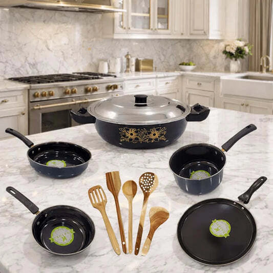 11 Pieces Complete Cookware Combo | Induction Bottom | Non-Stick Coated Cookware Set