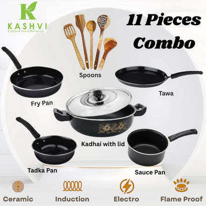 11 Pieces Complete Cookware Combo | Induction Bottom | Non-Stick Coated Cookware Set