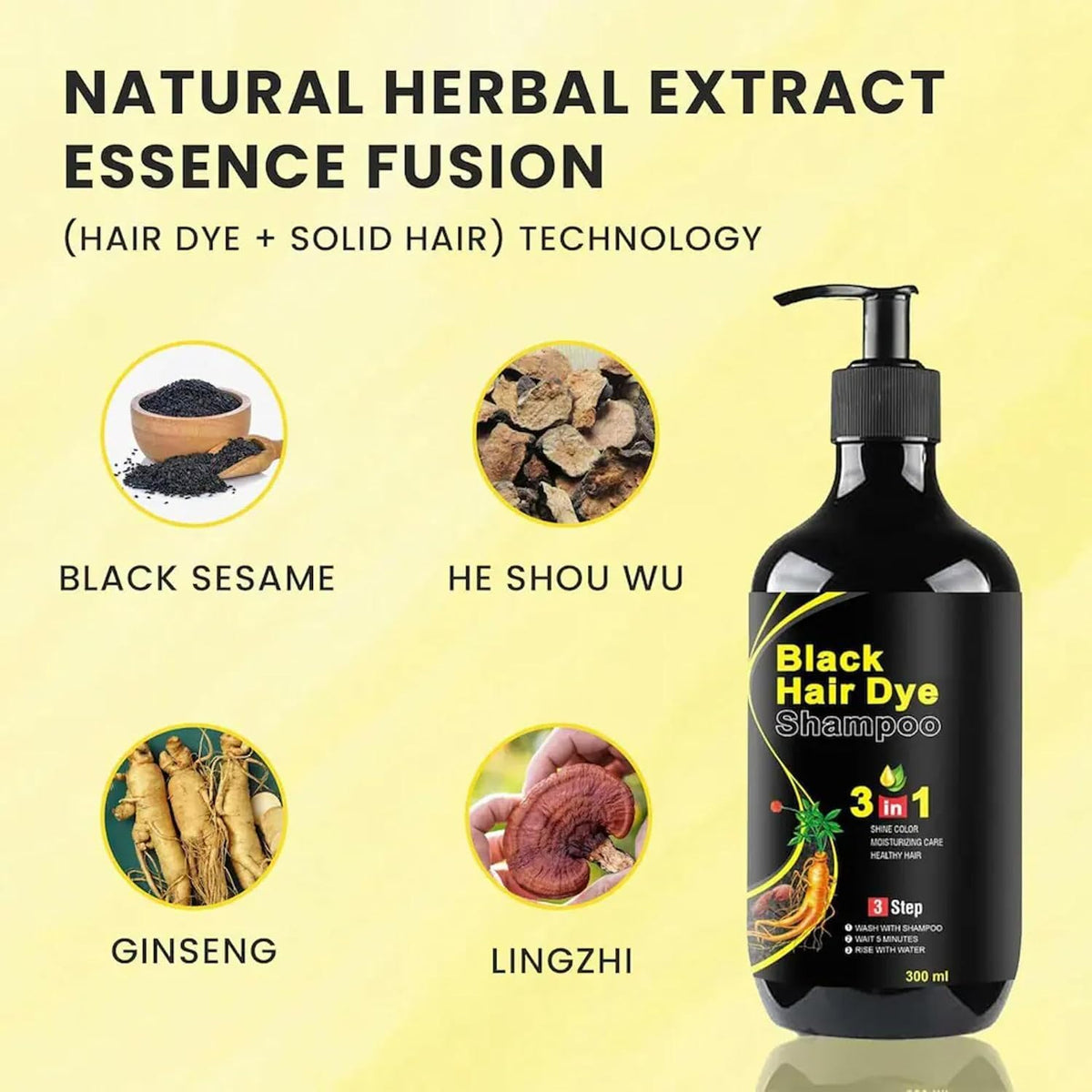 Unisex Instant Black Herbal Hair Dye Shampoo for Grey Hair Coverage 3 in 1(100ml)