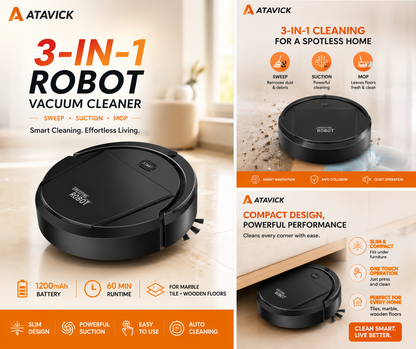 3-in-1 Robot Vacuum Cleaner with Sweeping and Wet Mopping Function, Smart Navigation, Anti-Drop and Anti-Collision Sensors, Multiple Cleaning Modes
